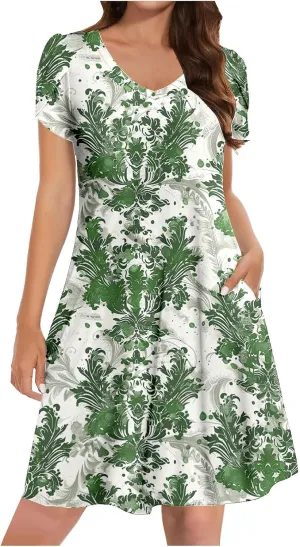 Womens Boho Dresses Casual Midi Dress Pleated Flowy V Neck Cap Sleeve Dress Spring Summer Trendy Summer Outing Dress