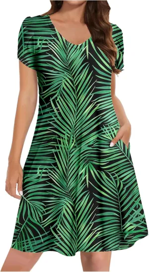 Womens Boho Dresses Casual Midi Dress Pleated Flowy V Neck Cap Sleeve Dress Spring Summer Trendy Summer Outing Dress