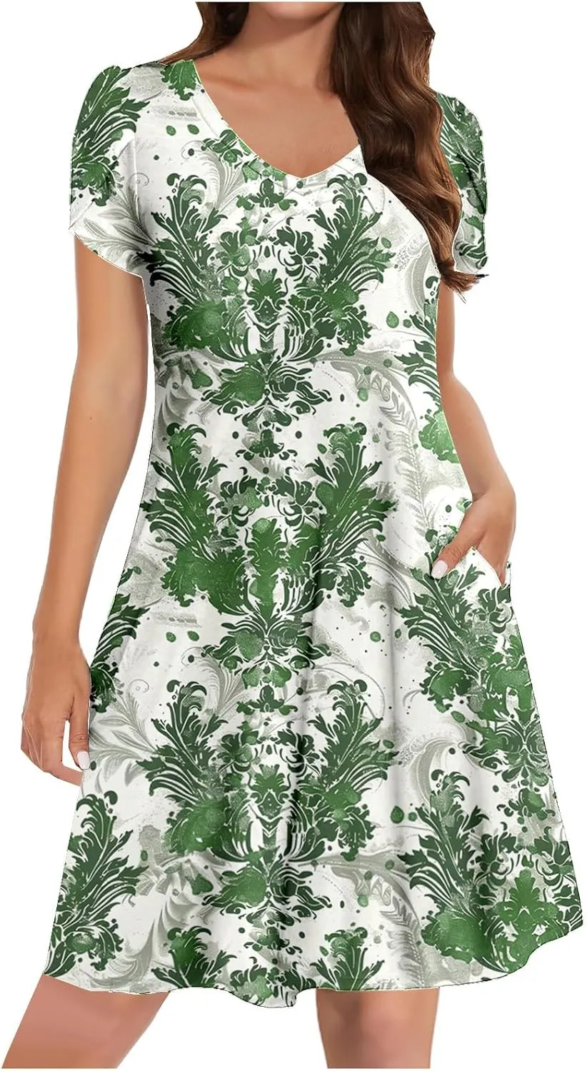Womens Boho Dresses Casual Midi Dress Pleated Flowy V Neck Cap Sleeve Dress Spring Summer Trendy Summer Outing Dress