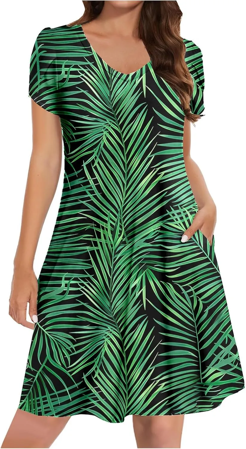 Womens Boho Dresses Casual Midi Dress Pleated Flowy V Neck Cap Sleeve Dress Spring Summer Trendy Summer Outing Dress
