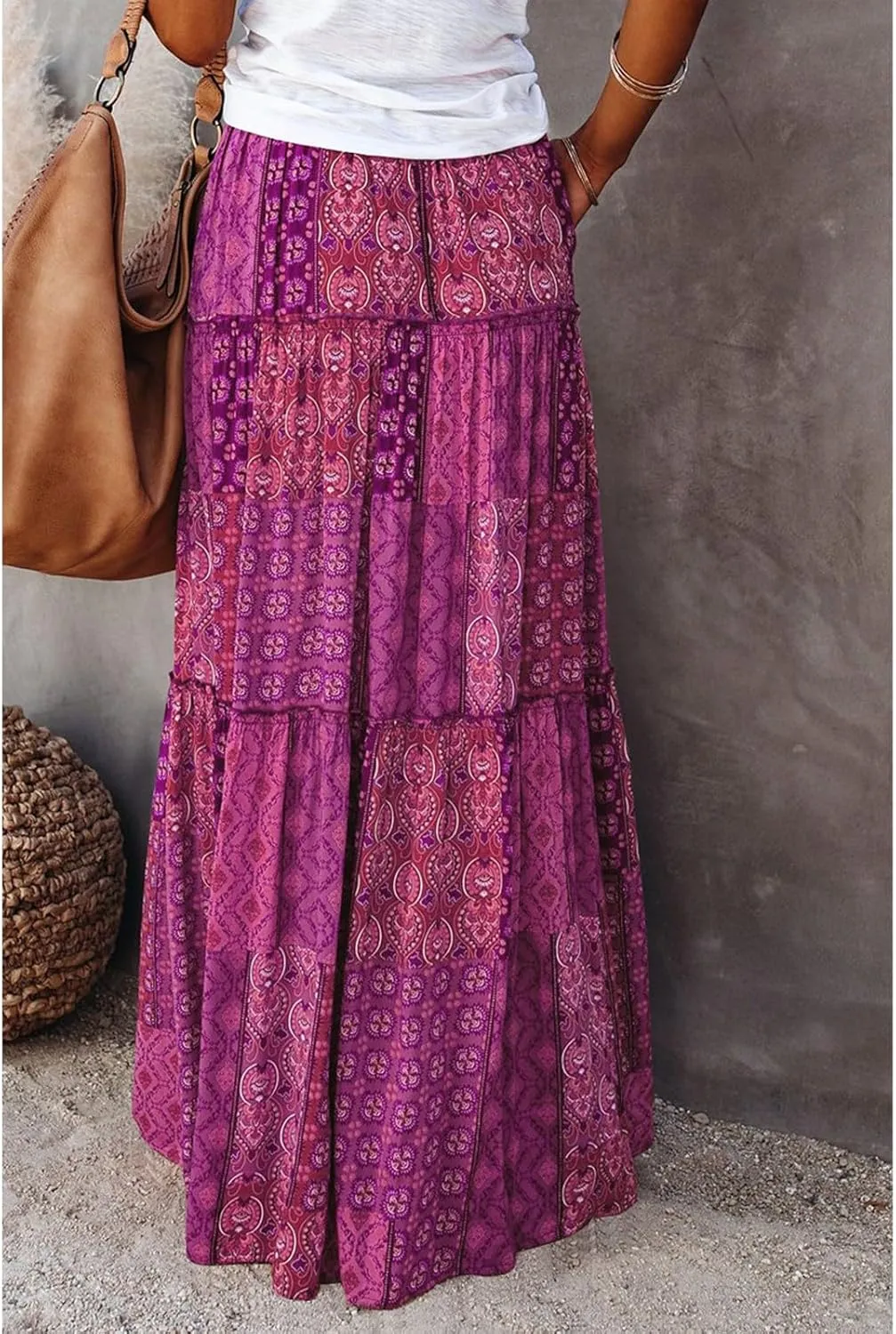 Womens Boho Tiered High Waist Tie Paisley Floral Print Long Maxi Skirt with Pockets