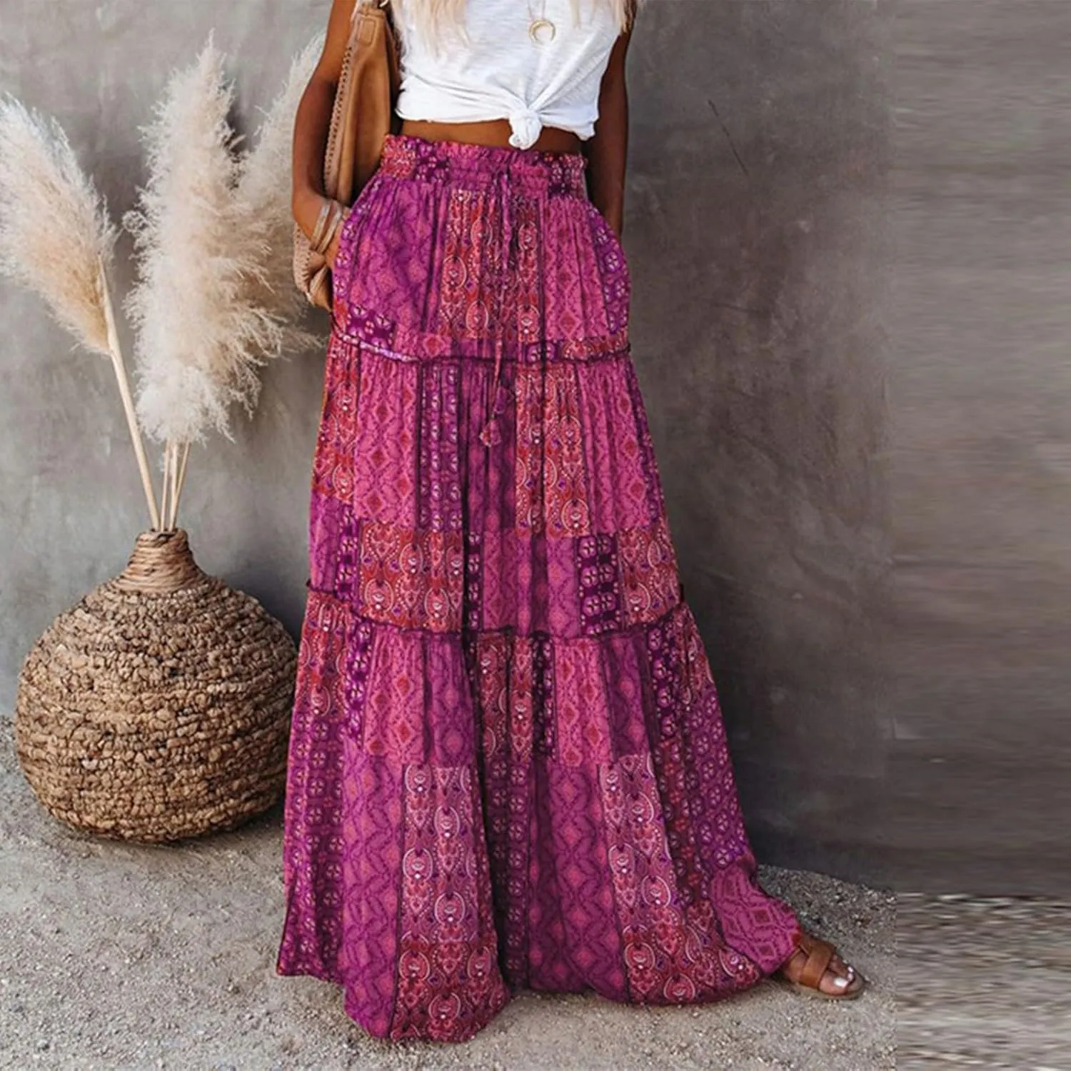 Womens Boho Tiered High Waist Tie Paisley Floral Print Long Maxi Skirt with Pockets