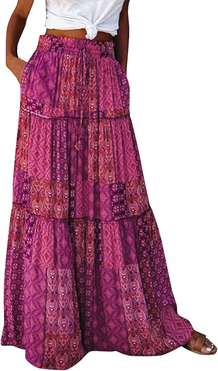 Womens Boho Tiered High Waist Tie Paisley Floral Print Long Maxi Skirt with Pockets