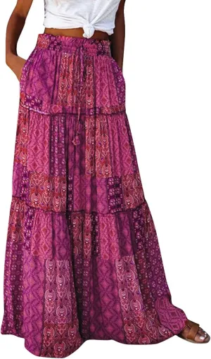 Womens Boho Tiered High Waist Tie Paisley Floral Print Long Maxi Skirt with Pockets