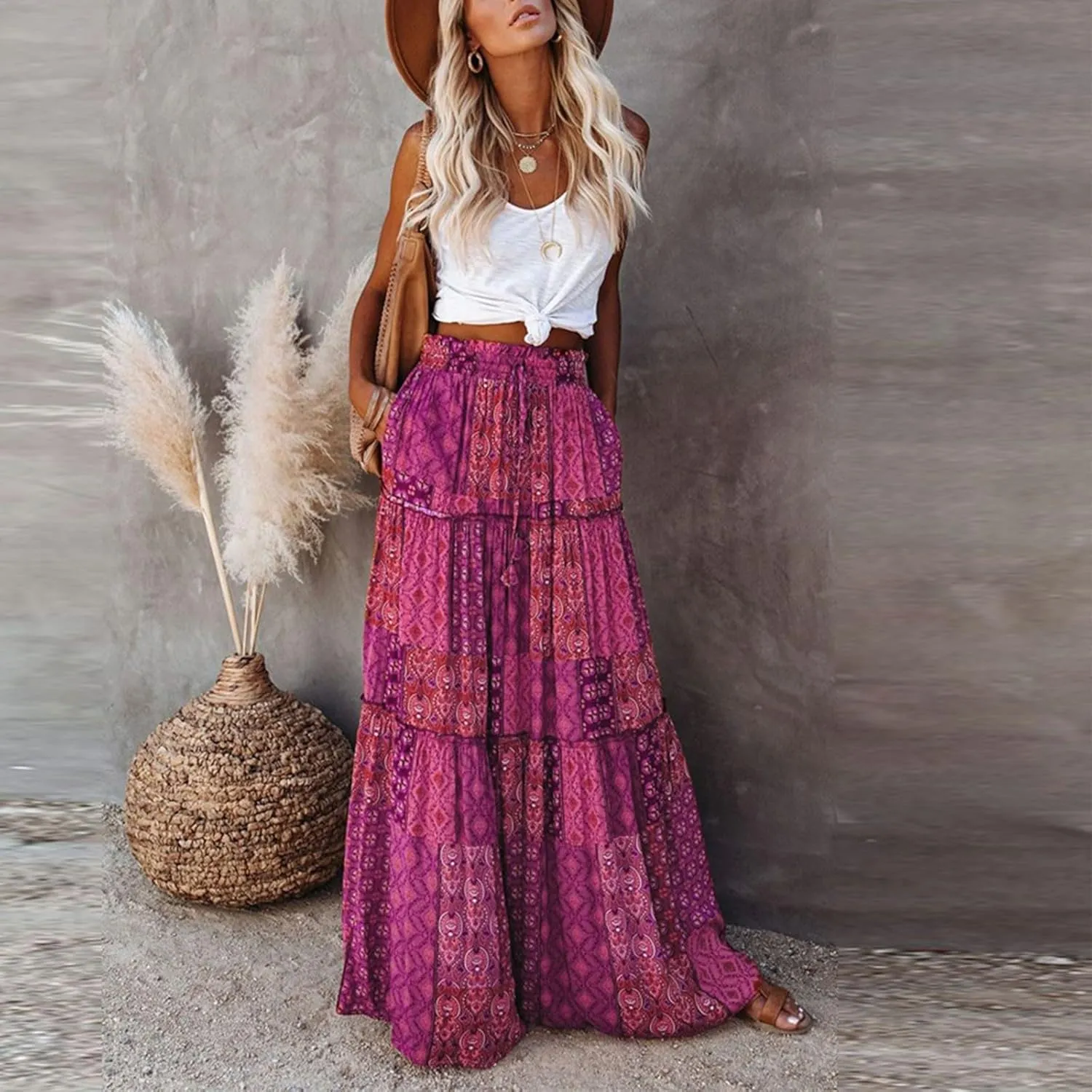 Womens Boho Tiered High Waist Tie Paisley Floral Print Long Maxi Skirt with Pockets