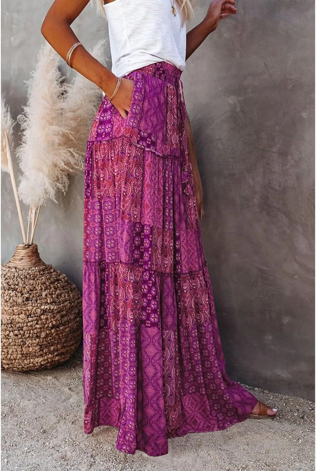 Womens Boho Tiered High Waist Tie Paisley Floral Print Long Maxi Skirt with Pockets