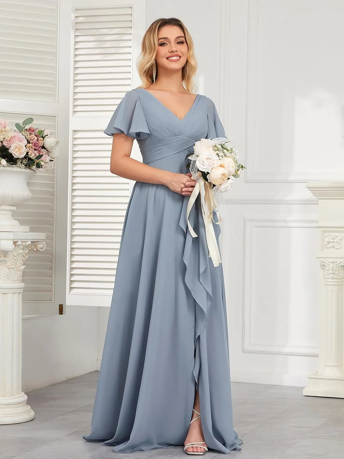 Women's Bridesmaid Dresses for Wedding with Sleeves Pockets Long A Line Empire Waist Chiffon Formal Evening Dress