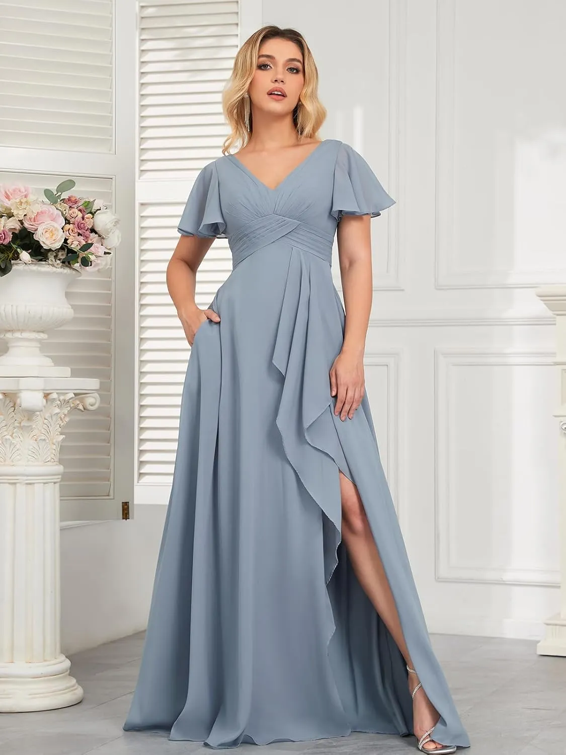 Women's Bridesmaid Dresses for Wedding with Sleeves Pockets Long A Line Empire Waist Chiffon Formal Evening Dress