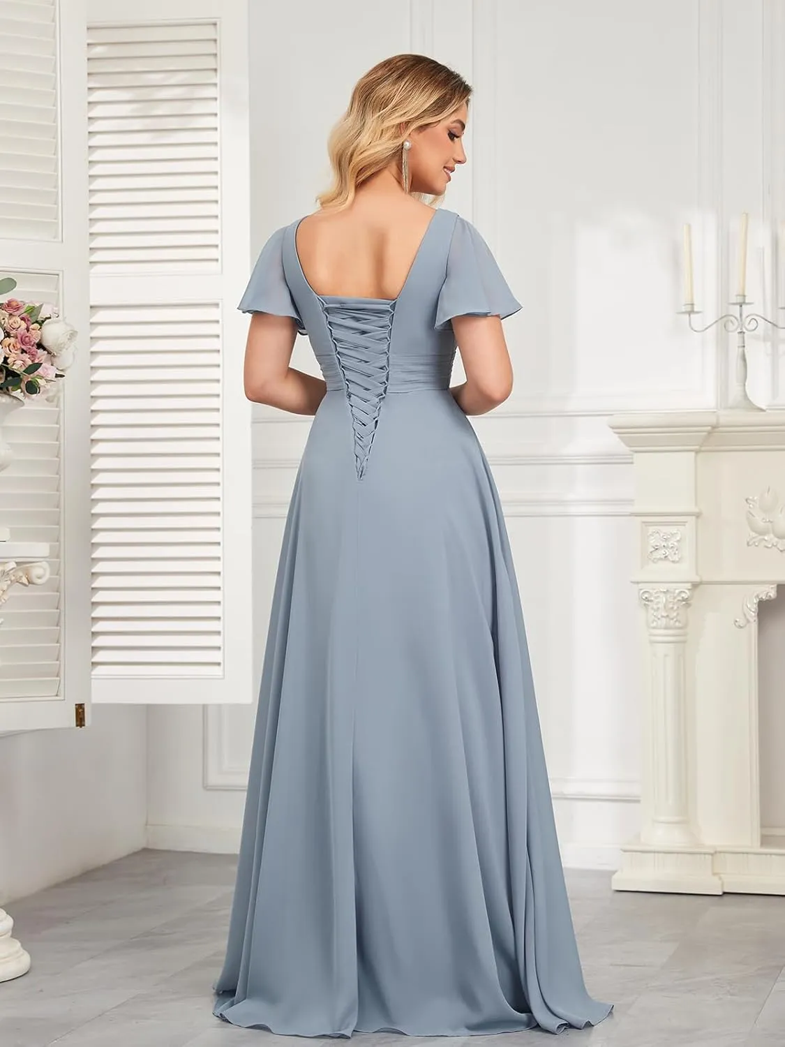Women's Bridesmaid Dresses for Wedding with Sleeves Pockets Long A Line Empire Waist Chiffon Formal Evening Dress