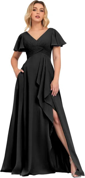 Women's Bridesmaid Dresses for Wedding with Sleeves Pockets Long A Line Empire Waist Chiffon Formal Evening Dress