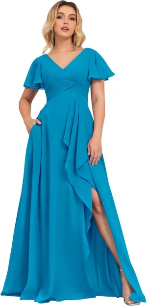 Women's Bridesmaid Dresses for Wedding with Sleeves Pockets Long A Line Empire Waist Chiffon Formal Evening Dress