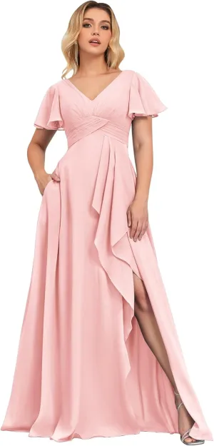 Women's Bridesmaid Dresses for Wedding with Sleeves Pockets Long A Line Empire Waist Chiffon Formal Evening Dress