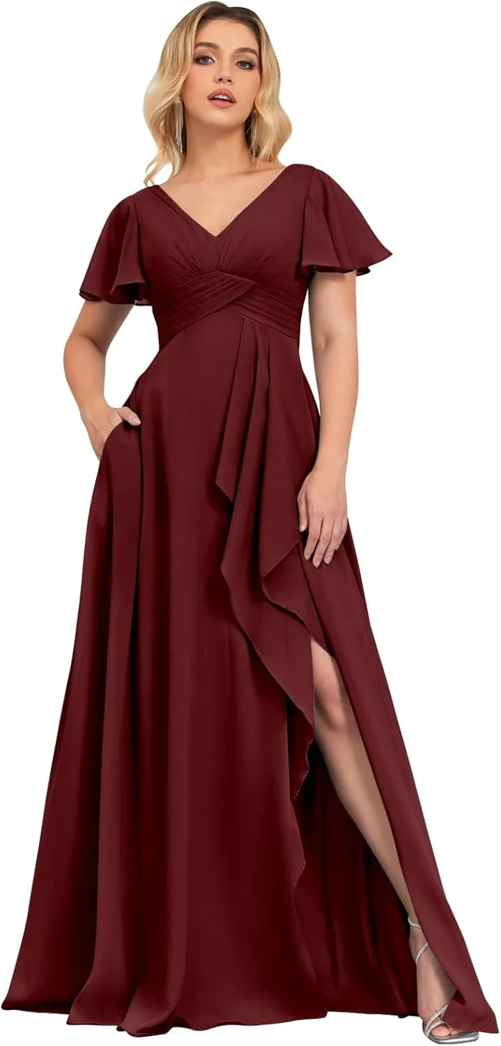 Women's Bridesmaid Dresses for Wedding with Sleeves Pockets Long A Line Empire Waist Chiffon Formal Evening Dress