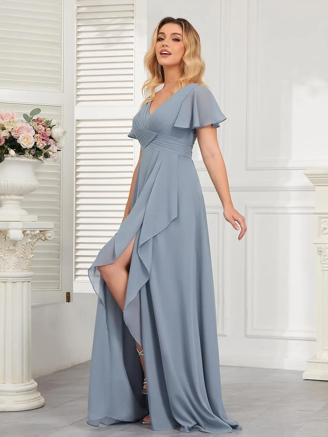 Women's Bridesmaid Dresses for Wedding with Sleeves Pockets Long A Line Empire Waist Chiffon Formal Evening Dress