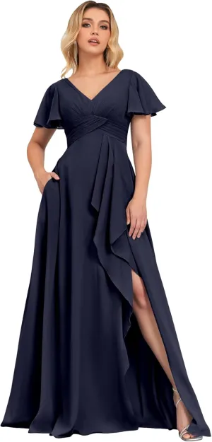 Women's Bridesmaid Dresses for Wedding with Sleeves Pockets Long A Line Empire Waist Chiffon Formal Evening Dress