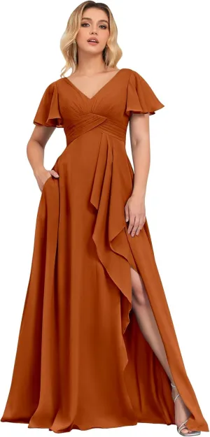 Women's Bridesmaid Dresses for Wedding with Sleeves Pockets Long A Line Empire Waist Chiffon Formal Evening Dress