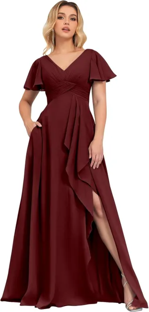 Women's Bridesmaid Dresses for Wedding with Sleeves Pockets Long A Line Empire Waist Chiffon Formal Evening Dress