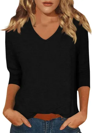 Women's Casual 3/4 Sleeve T-Shirts Round Neck Cute Tunic Tops Basic Tees Blouses Loose Fit Pullover