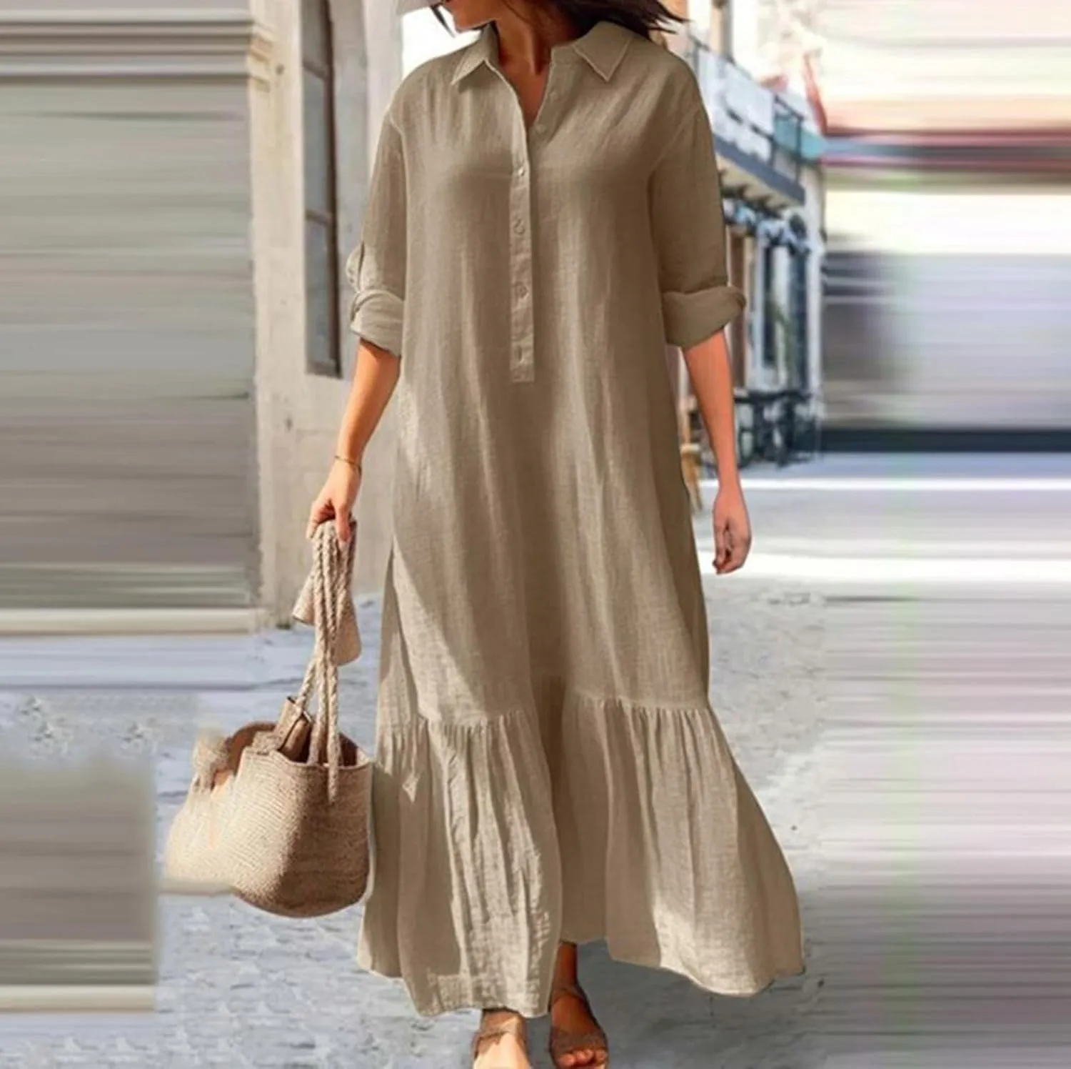 Women's Casual Button Down Cotton Linen Maxi Dress Long Sleeve Casual Lapel Flowy Dresses Loose Beach Vacation Dress