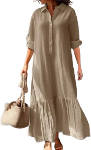 Women's Casual Button Down Cotton Linen Maxi Dress Long Sleeve Casual Lapel Flowy Dresses Loose Beach Vacation Dress