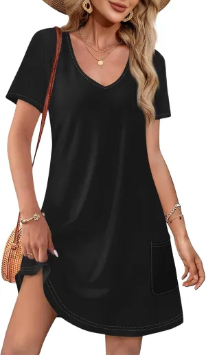 Women's Casual Dreesses 2025 Summer Boho Midi Dress Short Sleeve T Shirts Dress Beach Vacation Swimsuit Coverup