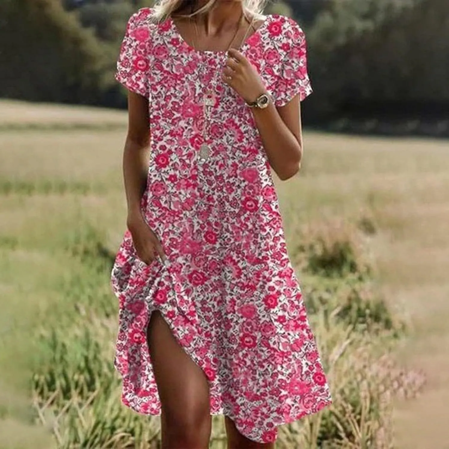 Women's Casual Dress Short Sleeve Sundresses Vacation Summer Dresses 2025 Beach Boho Floral A-Line Tshirt Dress with Pockets