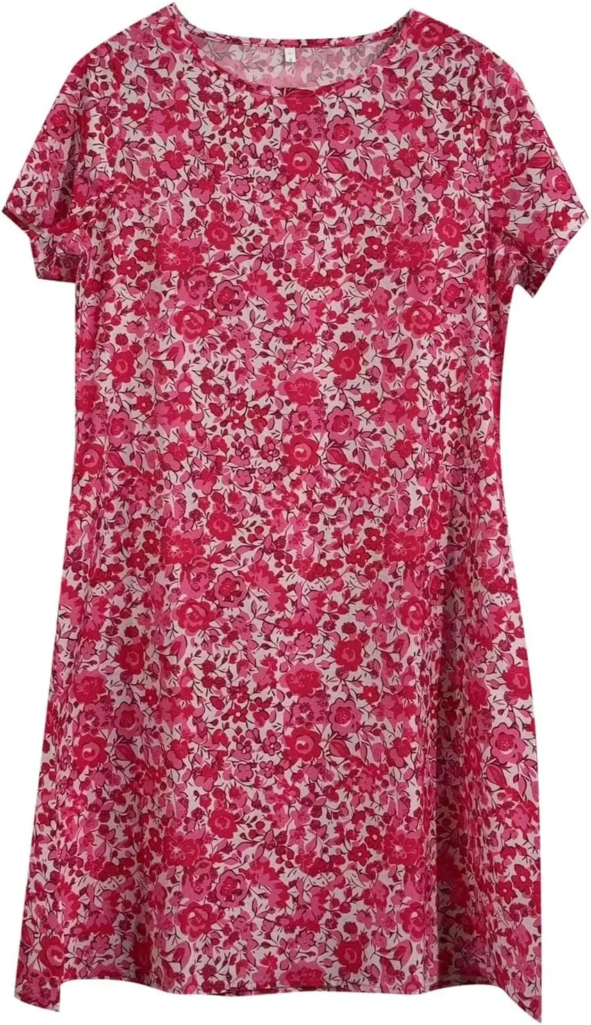Women's Casual Dress Short Sleeve Sundresses Vacation Summer Dresses 2025 Beach Boho Floral A-Line Tshirt Dress with Pockets