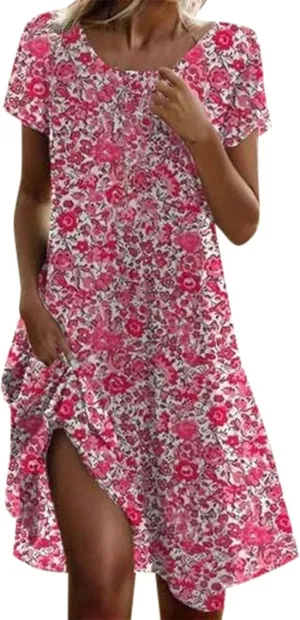 Women's Casual Dress Short Sleeve Sundresses Vacation Summer Dresses 2025 Beach Boho Floral A-Line Tshirt Dress with Pockets