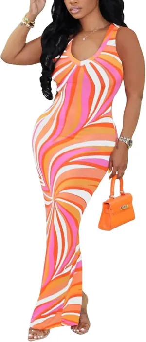 Women's Casual Dress Sleeveless Sexy Vintage Floral Stripe Tie Dye Sundress Beach Boho Bodycon Maxi Long Dress