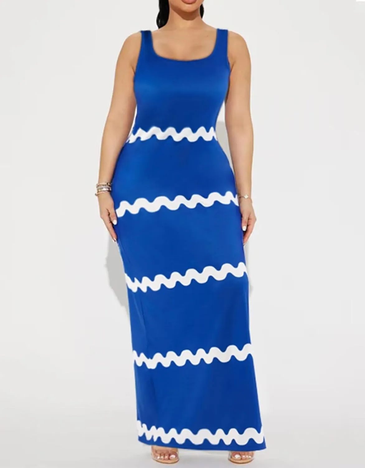Women's Casual Dress Sleeveless Sexy Vintage Floral Stripe Tie Dye Sundress Beach Boho Bodycon Maxi Long Dress