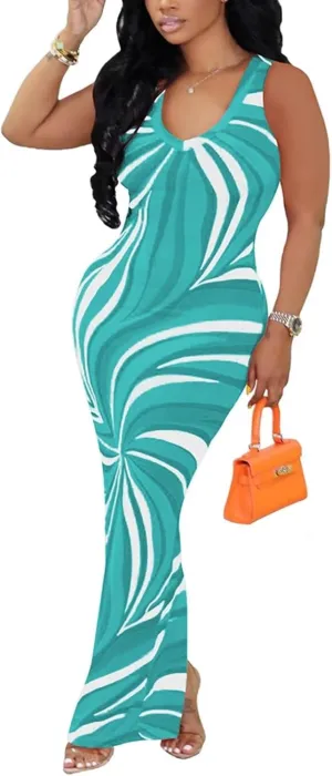 Women's Casual Dress Sleeveless Sexy Vintage Floral Stripe Tie Dye Sundress Beach Boho Bodycon Maxi Long Dress