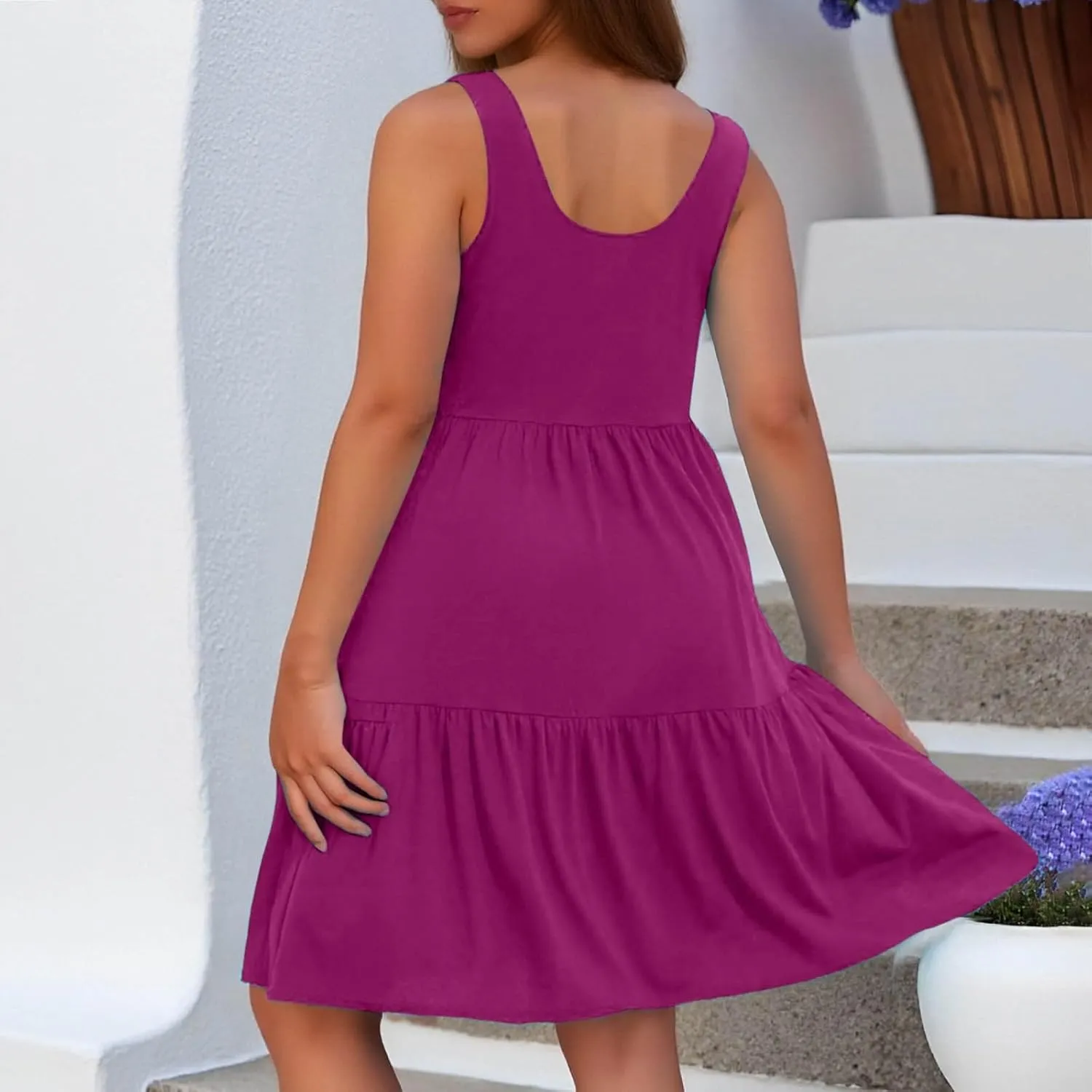 Womens Casual Dresses,2025 Summer Sleveless U Neck Mini Desses Flowy Smocked Hem Short Sundress Tank Plus Size Dress