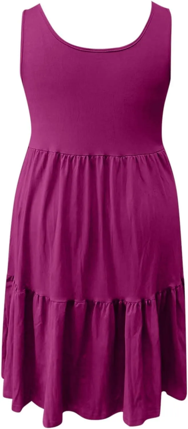 Womens Casual Dresses,2025 Summer Sleveless U Neck Mini Desses Flowy Smocked Hem Short Sundress Tank Plus Size Dress