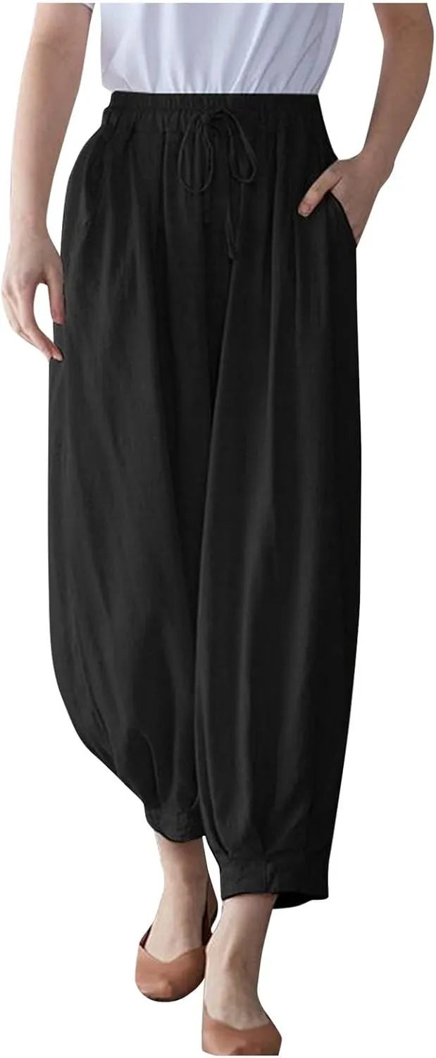 Women's Casual Lantern Tapered Harem Pants Flowy Beach Linen Drawstring Waist Wide Leg Palazzo Pants with Pockets