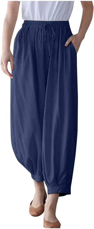 Women's Casual Lantern Tapered Harem Pants Flowy Beach Linen Drawstring Waist Wide Leg Palazzo Pants with Pockets