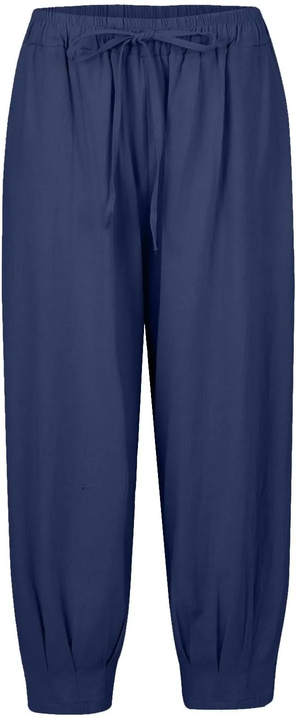 Women's Casual Lantern Tapered Harem Pants Flowy Beach Linen Drawstring Waist Wide Leg Palazzo Pants with Pockets