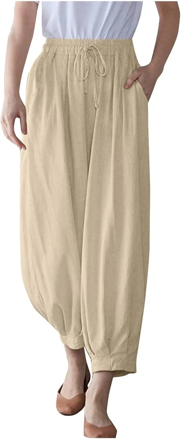 Women's Casual Lantern Tapered Harem Pants Flowy Beach Linen Drawstring Waist Wide Leg Palazzo Pants with Pockets
