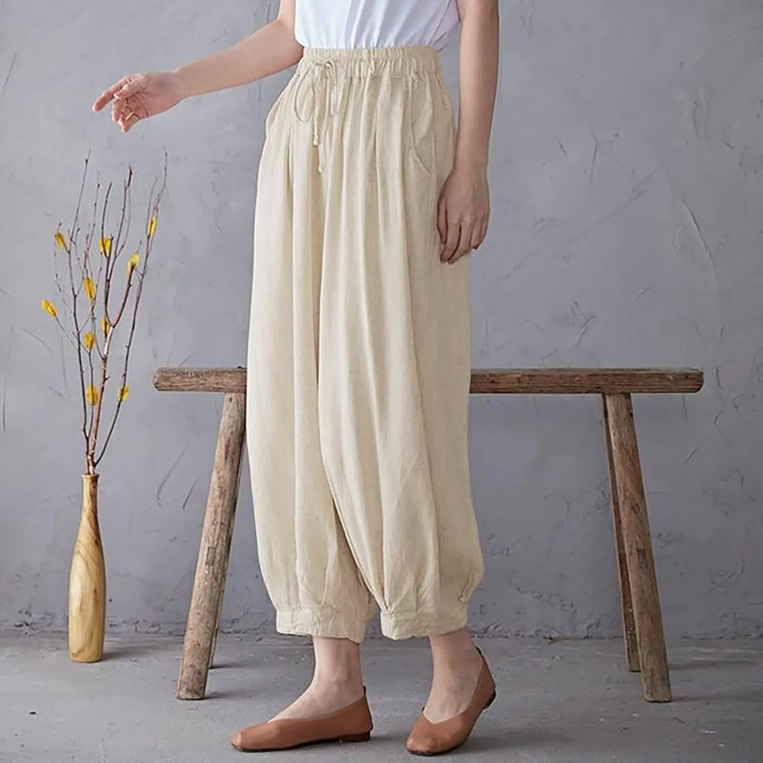 Women's Casual Lantern Tapered Harem Pants Flowy Beach Linen Drawstring Waist Wide Leg Palazzo Pants with Pockets