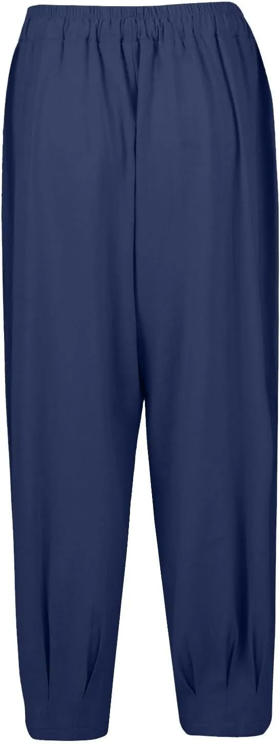 Women's Casual Lantern Tapered Harem Pants Flowy Beach Linen Drawstring Waist Wide Leg Palazzo Pants with Pockets