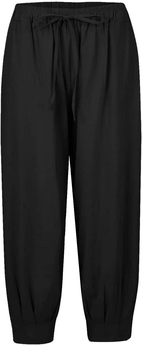 Women's Casual Lantern Tapered Harem Pants Flowy Beach Linen Drawstring Waist Wide Leg Palazzo Pants with Pockets