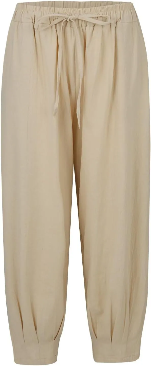 Women's Casual Lantern Tapered Harem Pants Flowy Beach Linen Drawstring Waist Wide Leg Palazzo Pants with Pockets