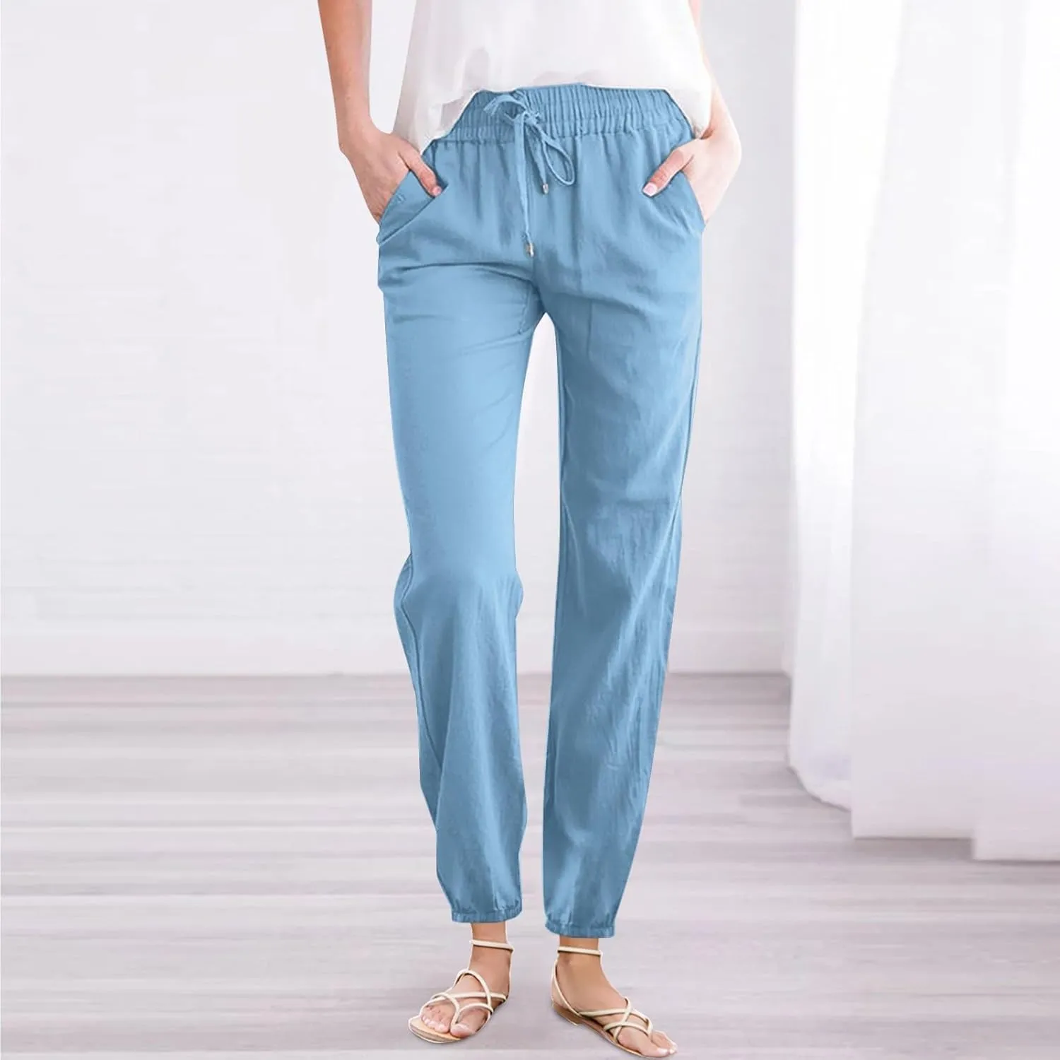 Women's Casual Pants Solid Cotton and Pants with Pocket Long Pants Womens Long Plus Size Pants