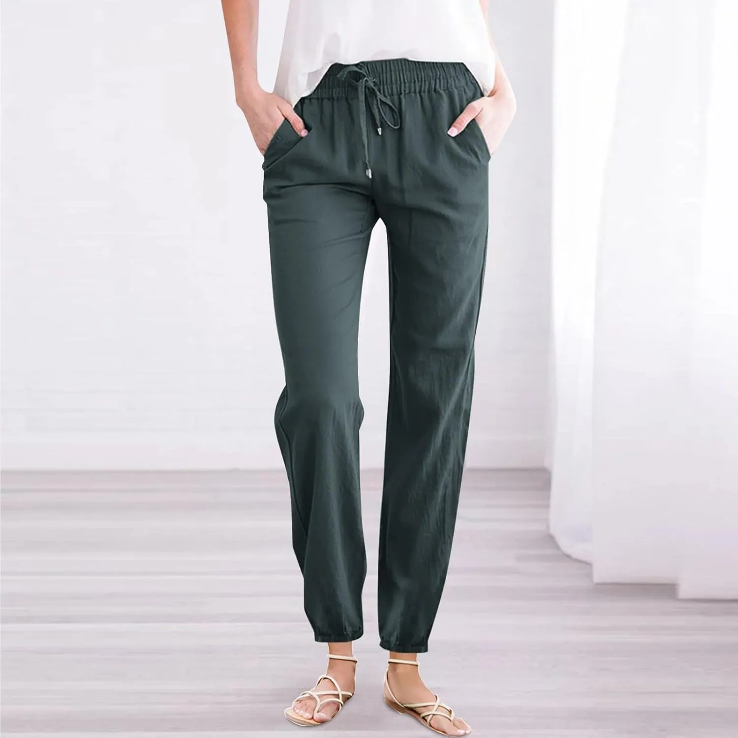 Women's Casual Pants Solid Cotton and Pants with Pocket Long Pants Womens Long Plus Size Pants