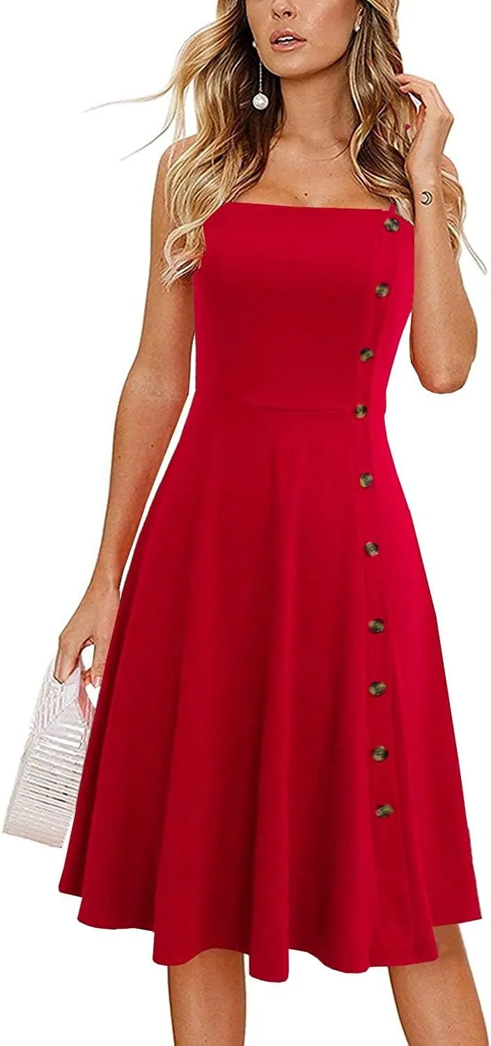 Women's Casual Summer Beach Flattering Flowy A-Line Spaghetti Straps Solid Cotton Button Down Midi Sundress