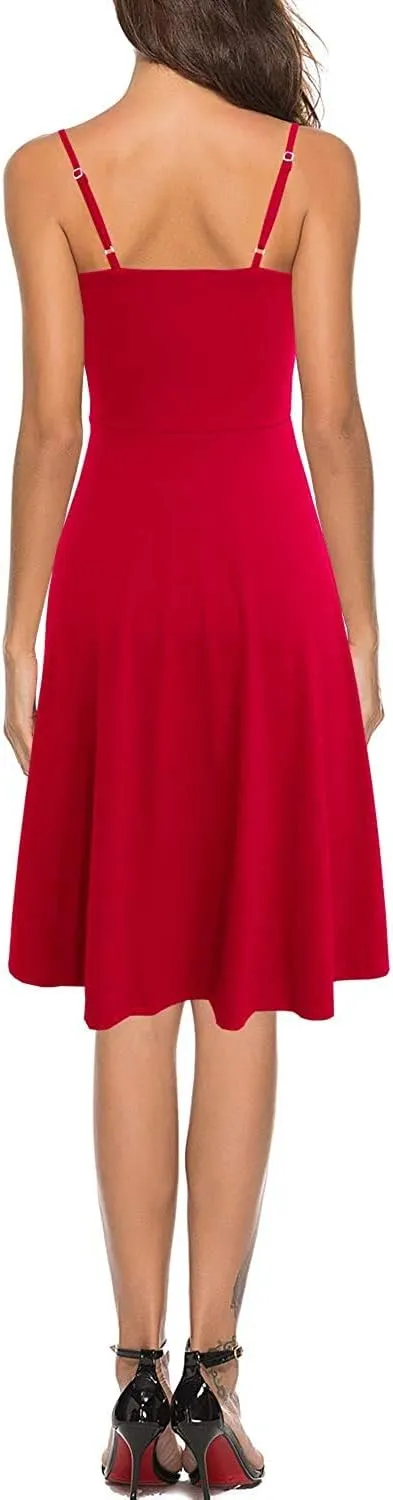 Women's Casual Summer Beach Flattering Flowy A-Line Spaghetti Straps Solid Cotton Button Down Midi Sundress
