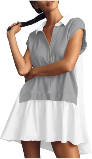 Women's Color Block Dress Button Down Short Sleeve Shirt Dress One Piece Summer Dresses Casual Loose Flowy Swing Dresses