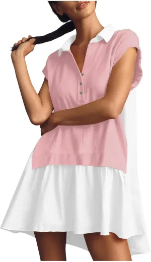 Women's Color Block Dress Button Down Short Sleeve Shirt Dress One Piece Summer Dresses Casual Loose Flowy Swing Dresses