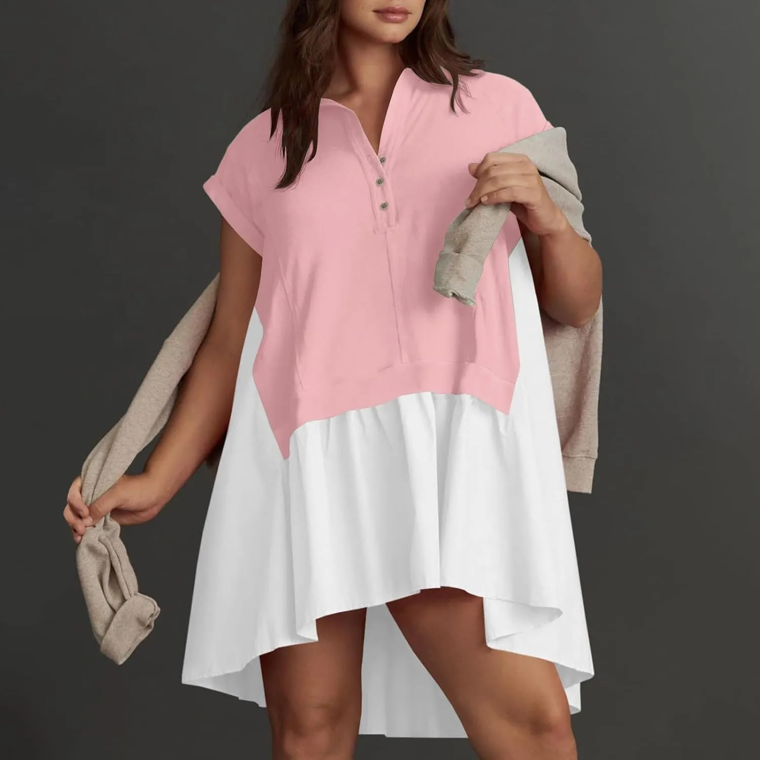 Women's Color Block Dress Button Down Short Sleeve Shirt Dress One Piece Summer Dresses Casual Loose Flowy Swing Dresses