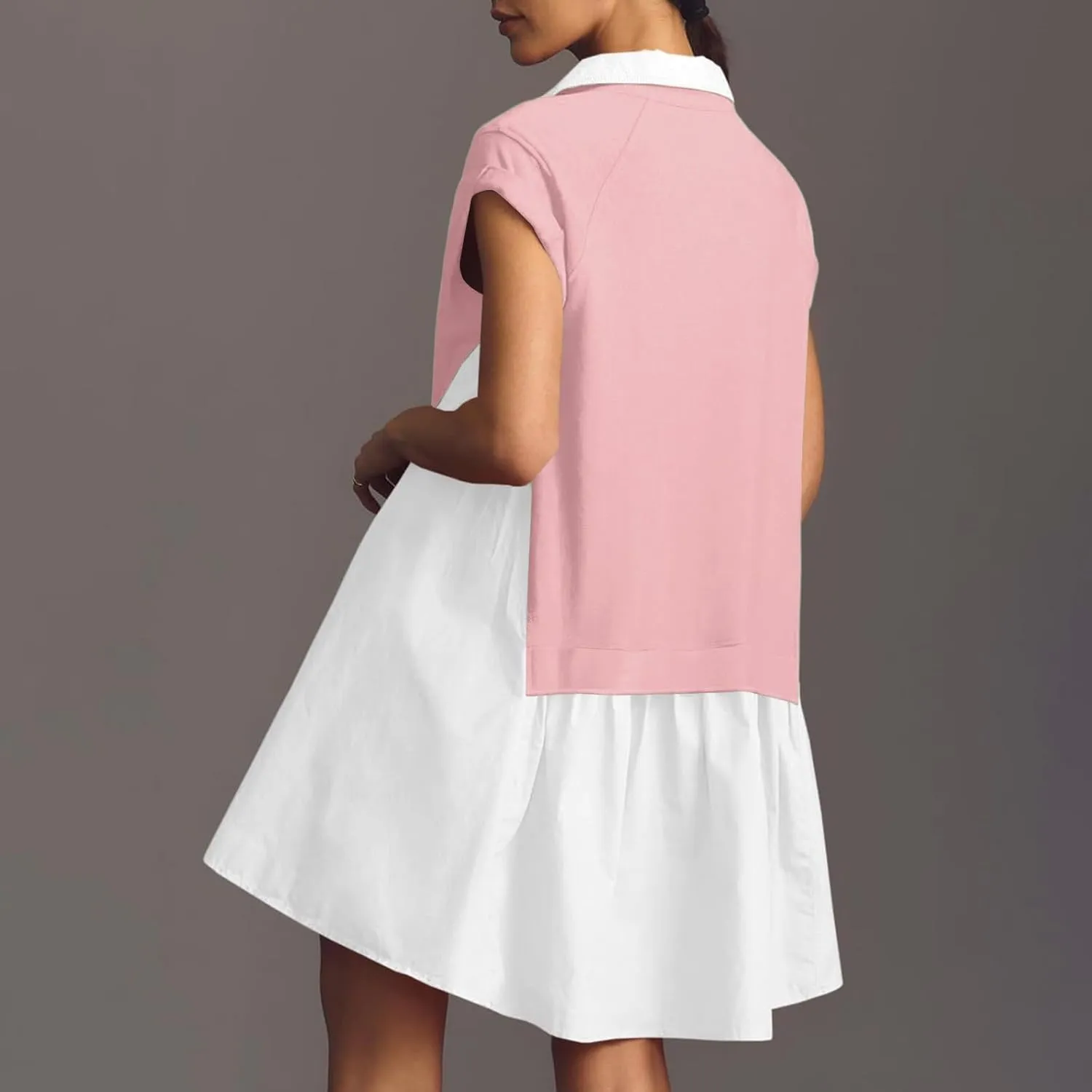 Women's Color Block Dress Button Down Short Sleeve Shirt Dress One Piece Summer Dresses Casual Loose Flowy Swing Dresses