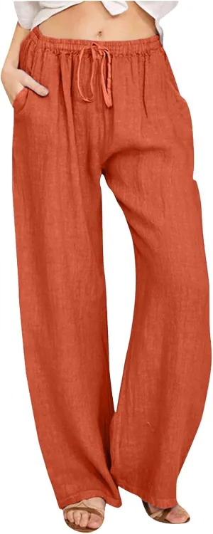 Women's Cotton and Linen Pants Dressy Loose High Waist Ruched Wide Leg Yoga Palazzo Pant Trousers with Pocket